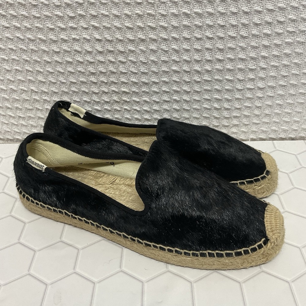 SOLUDOS Calf Hair Slip On Smoking Slipper Platform Espadrilles Black Size 9